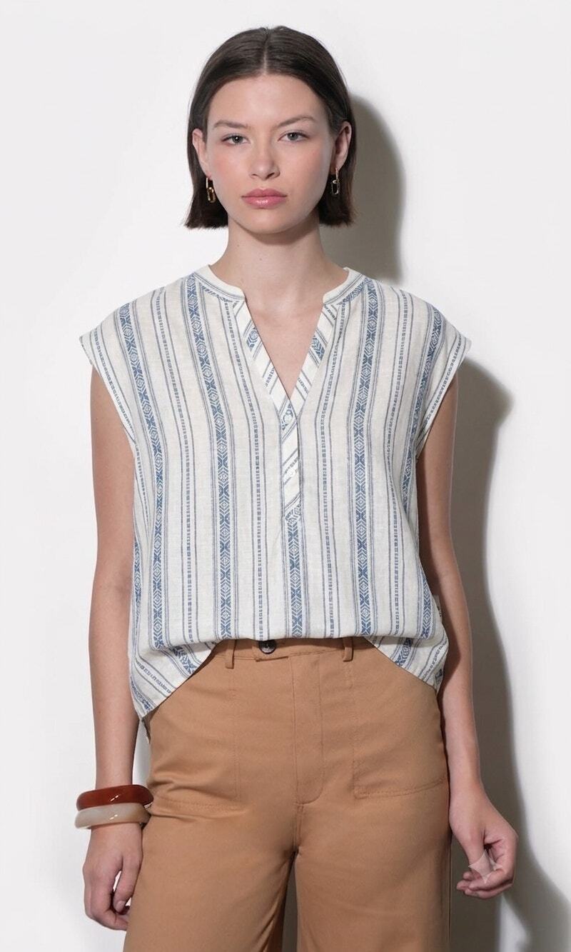 Liverpool 1X Linen Blend Blue Stripe Dolman Popover Blouse NWT Novelty Cream